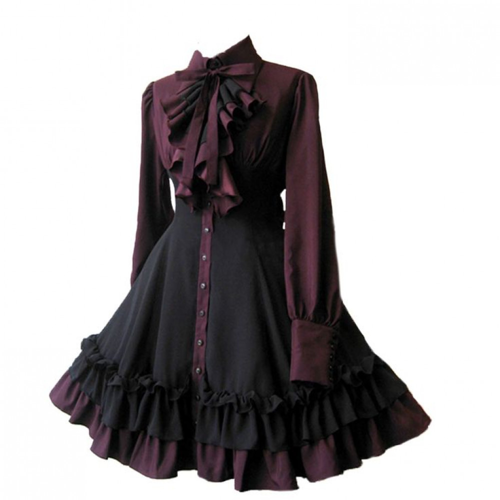 #SWB Women Girls Black Gothic Dress Long Sleeves Polyester Ruffle Dress with Bows